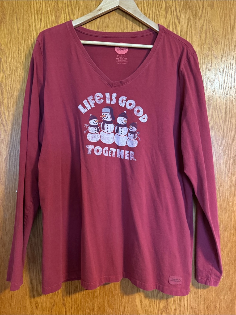 Life Is Good Womens Long-Sleeve V-Neck Tee - Burgundy with White Graphic